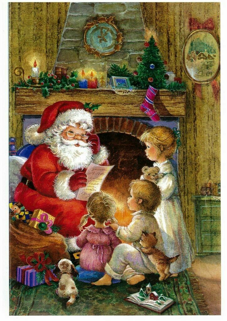 Santa Claus  reading to children by fireplace